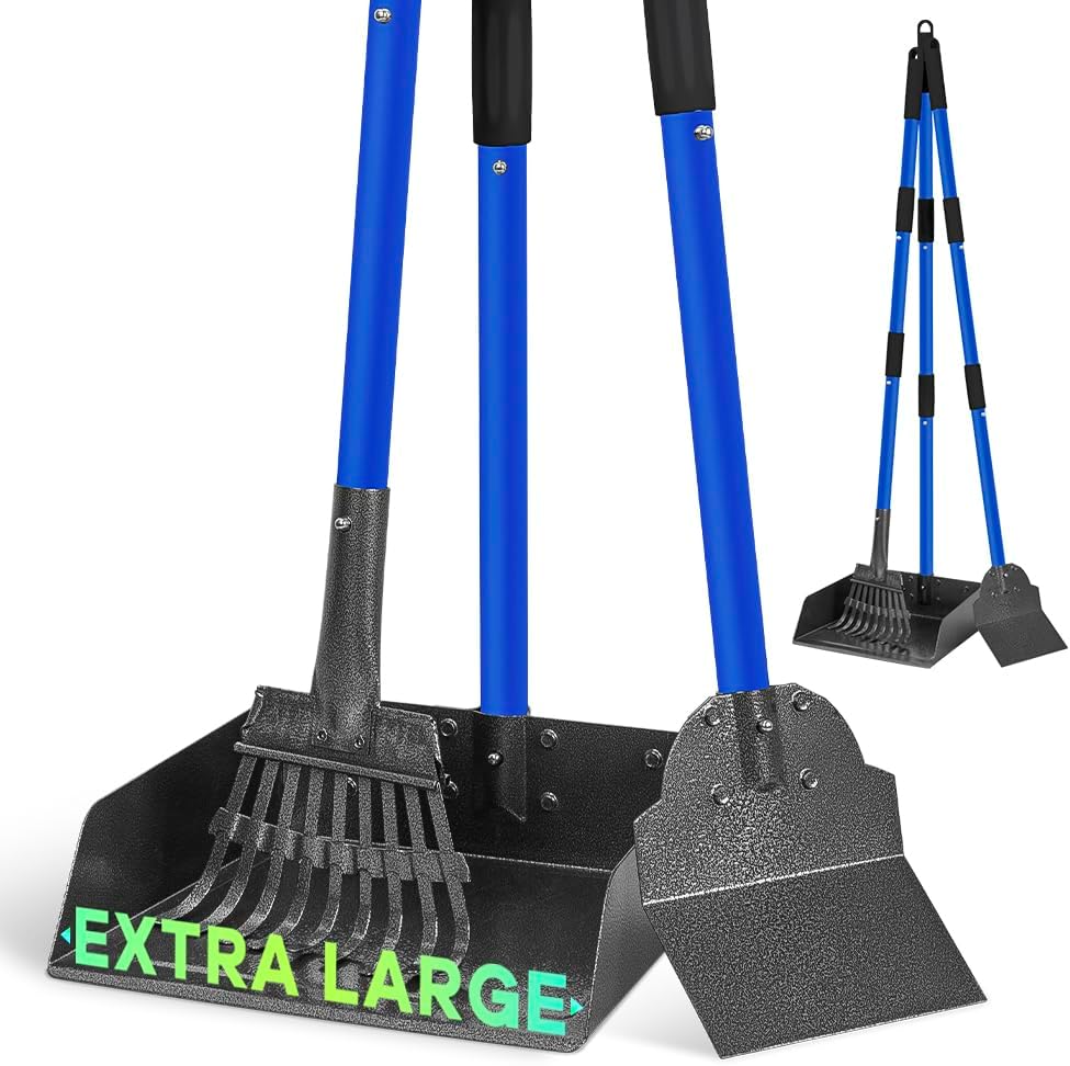 Premium imported long handle dog poop scoop system standing upright against a wall.