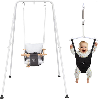 G Taleco Gear 2 in 1 baby jumper and swing set front view with foldable stand