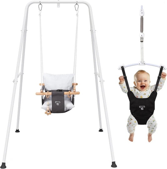 G Taleco Gear 2 in 1 baby jumper and swing set front view with foldable stand