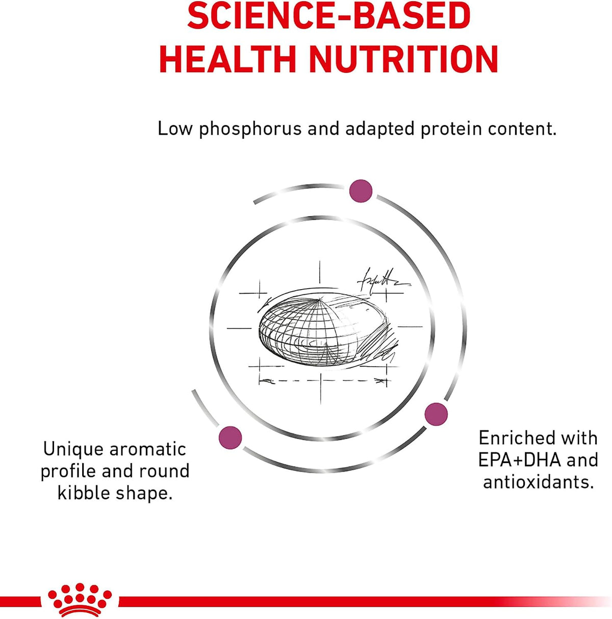 Back label of Royal Canin Canine Renal Support F showing low phosphorus feeding guidelines.