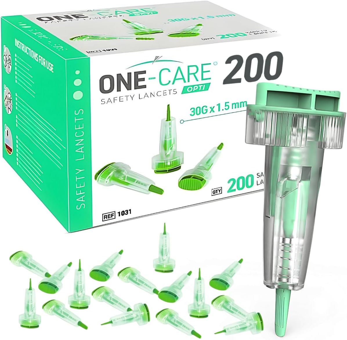 ONE-CARE Opti safety lancets 200 count front packaging view showing top button activation feature