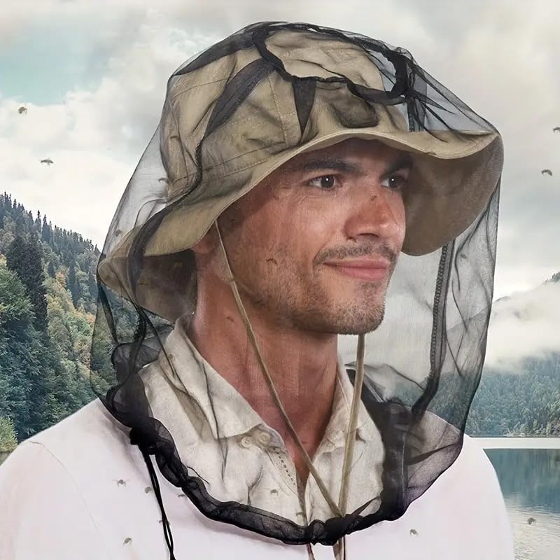 Cinvo mosquito head net worn over a hat, front view showing mesh coverage.