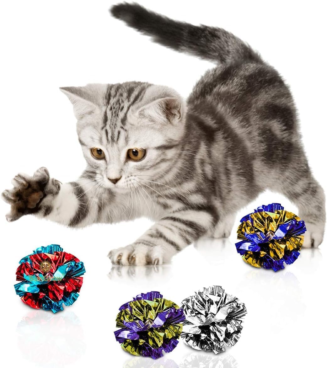 Auditory stimulating shiny crinkle toy balls for felines.