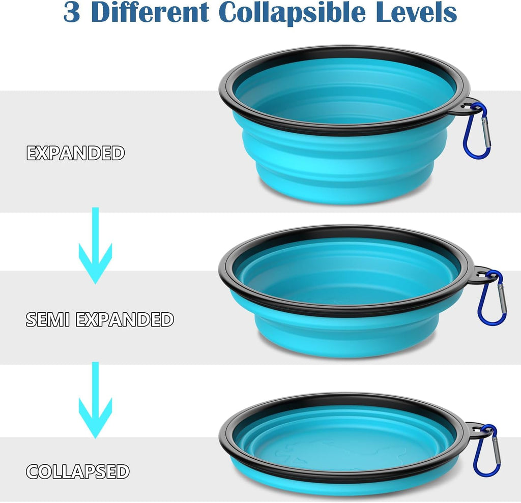 Expanded portable pet water dish with attached metal carabiner clip
