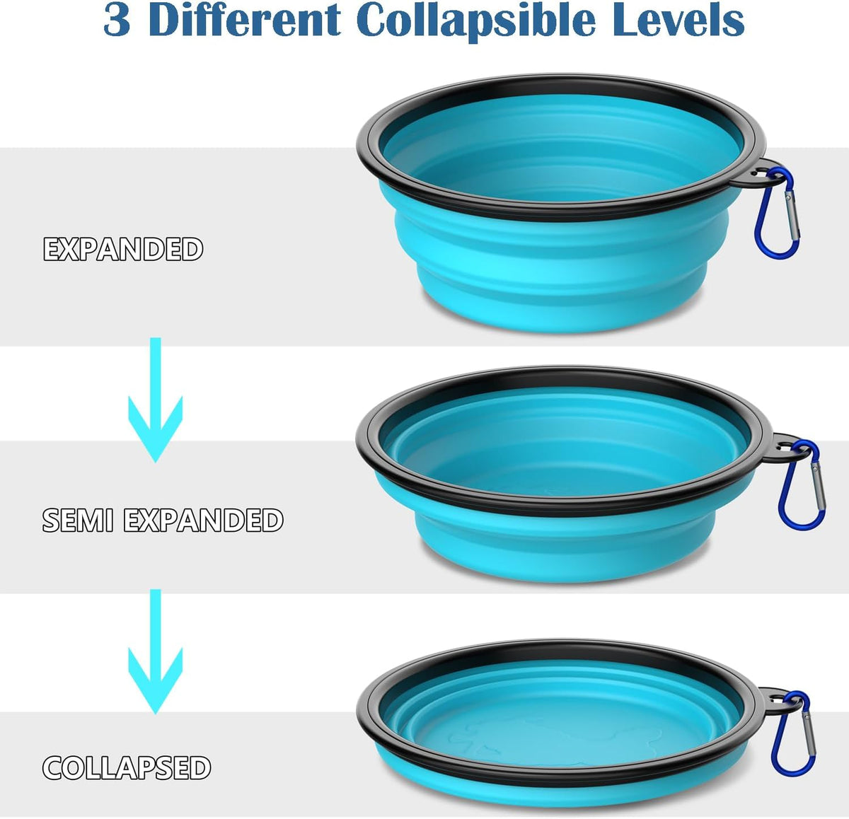 Expanded portable pet water dish with attached metal carabiner clip