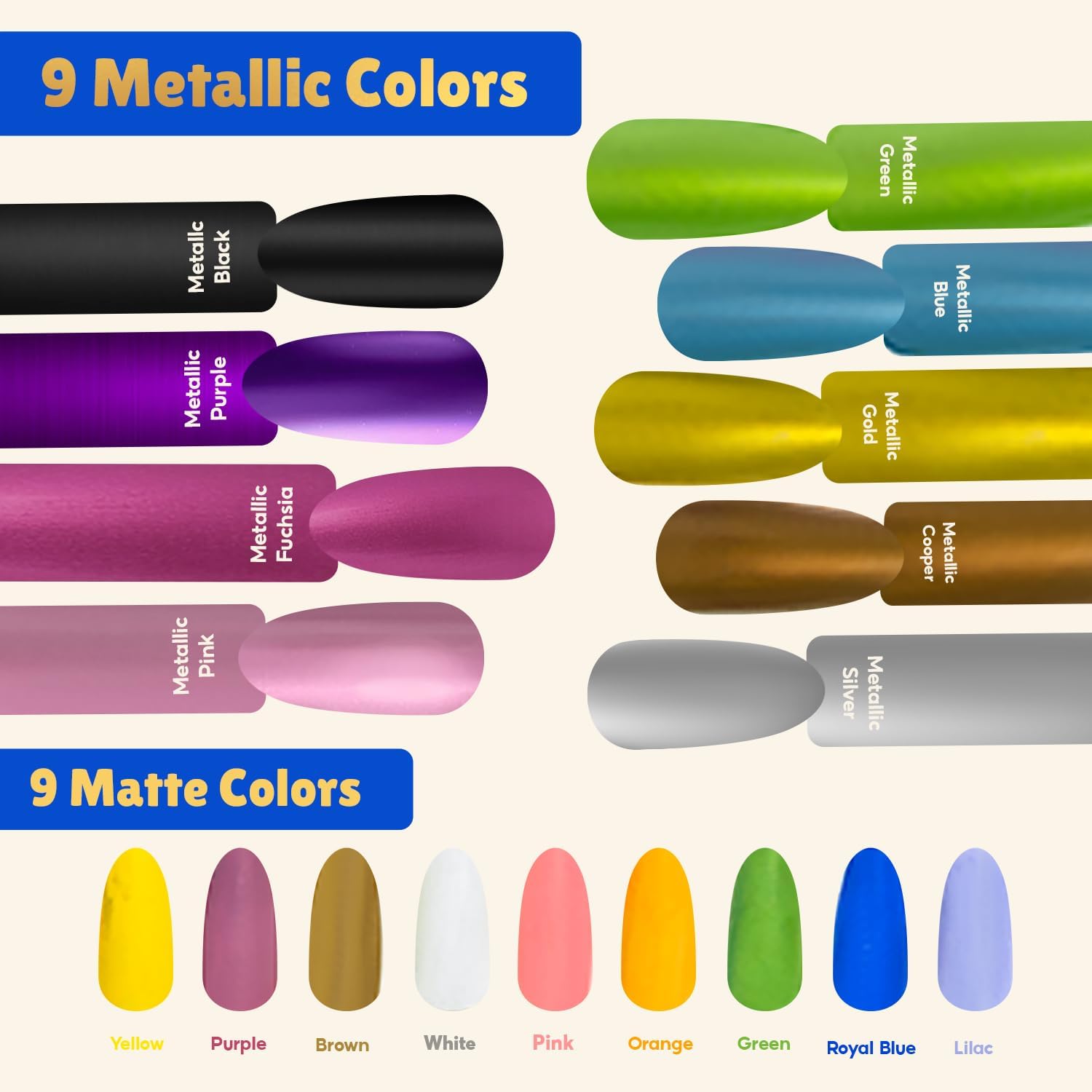 Close up of metallic and matte dog nail polish colors