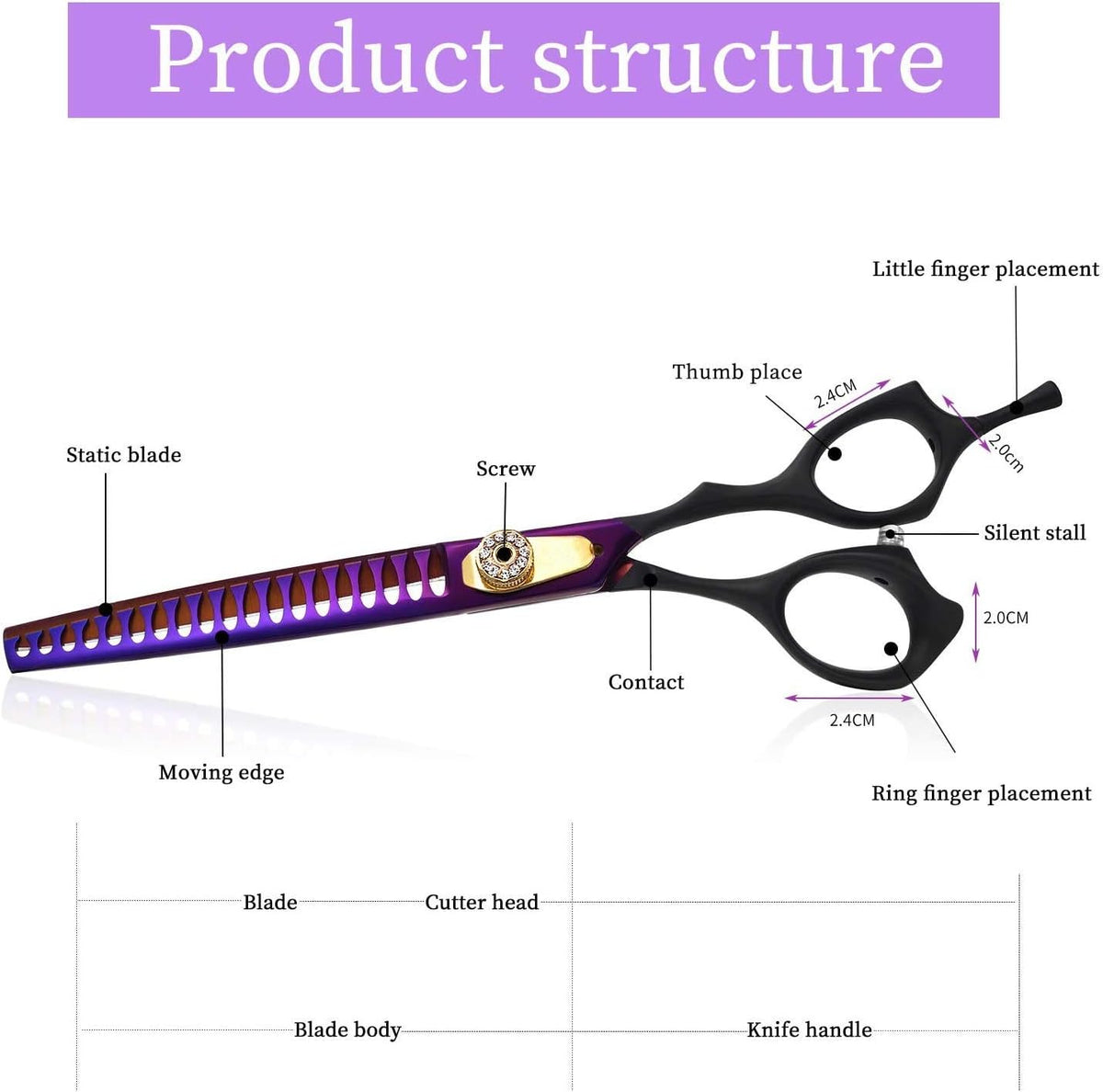Purple Dragon pet hair cutting scissors with purple and black finish