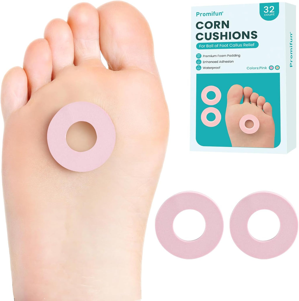 Promifun Callus Cushions front view showing 32 count pink foam pads for foot pain relief.