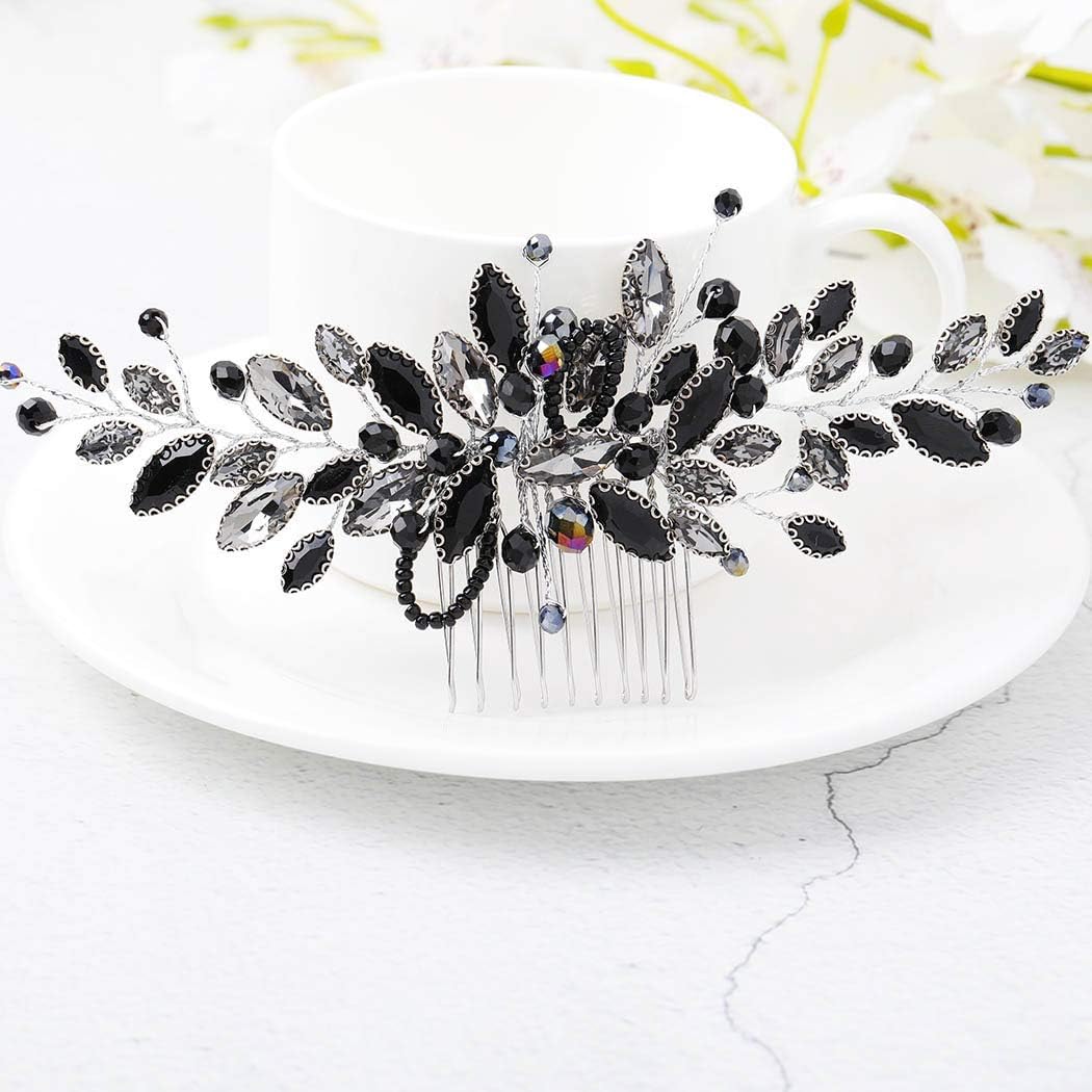Unicra bridal hair comb front view with black opal crystals