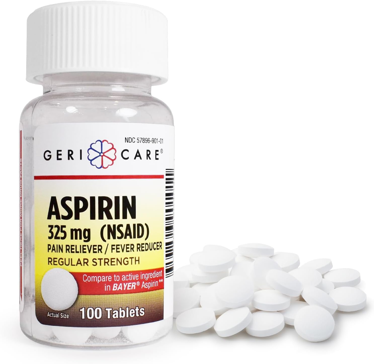 GeriCare Bottled Aspirin 325mg 100 tablets front view packaging for pain relief
