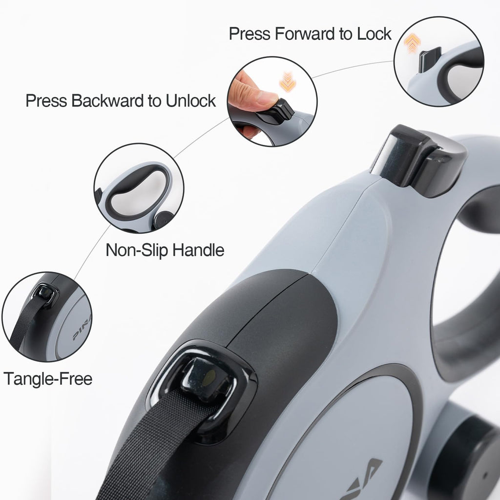 One-handed brake and lock button on Pina dog leash