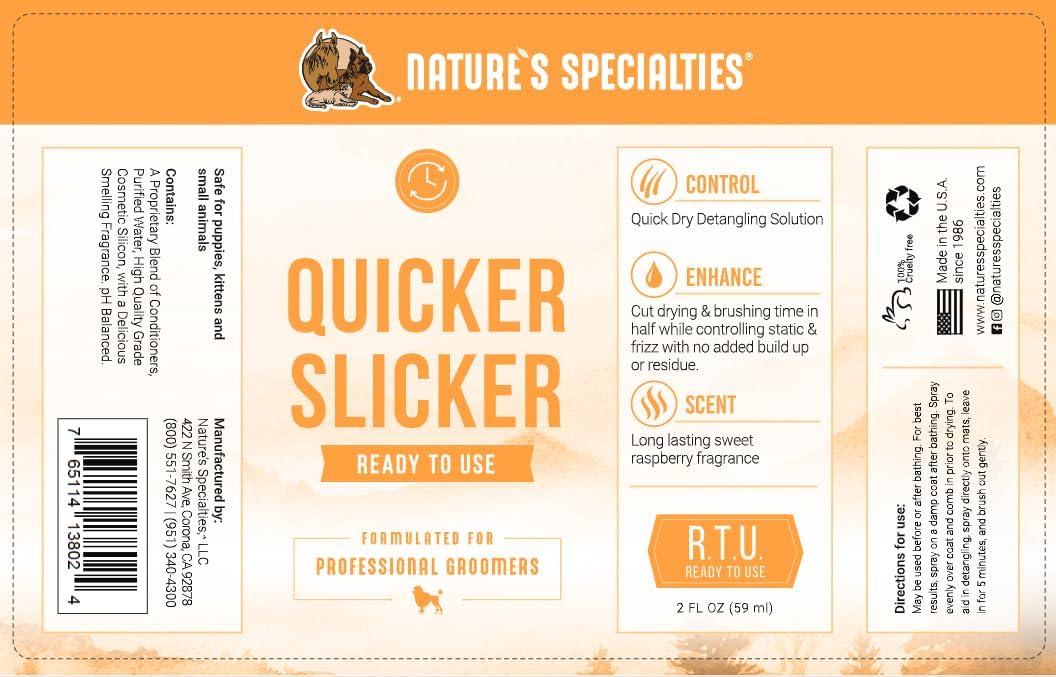 Nature's Specialties pet detangler spray bottle showing product details and directions