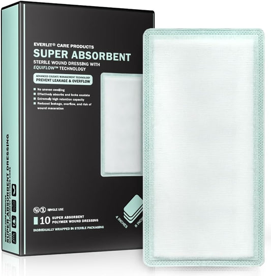 EVERLIT CARE EquiFlow Super Absorbent Dressing front packaging view for advanced wound care.