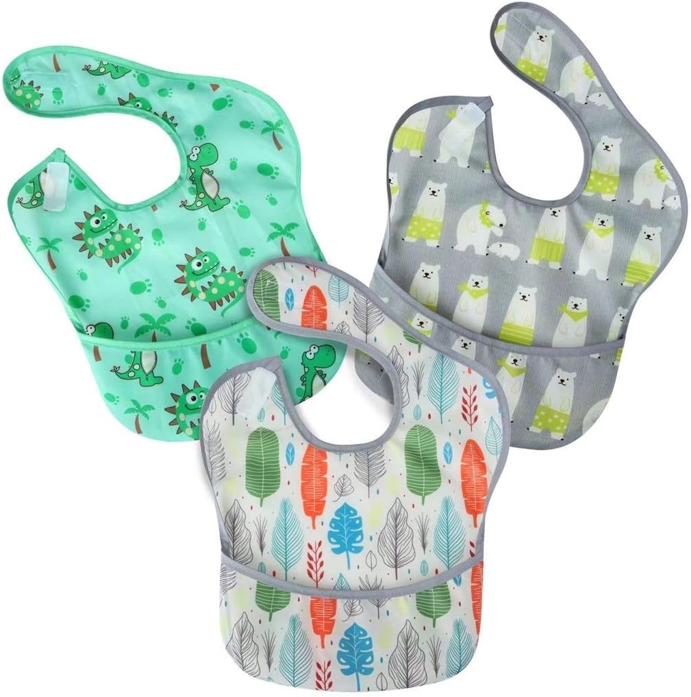 PandaEar super lightweight baby bib front view showing the three pack colorful toddler feeding set.