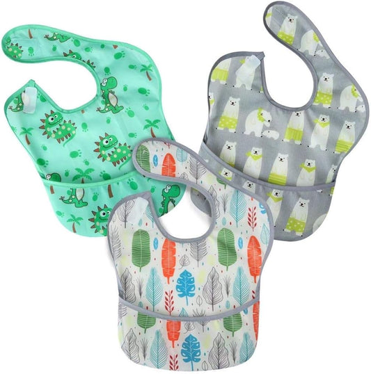 PandaEar super lightweight baby bib front view showing the three pack colorful toddler feeding set.