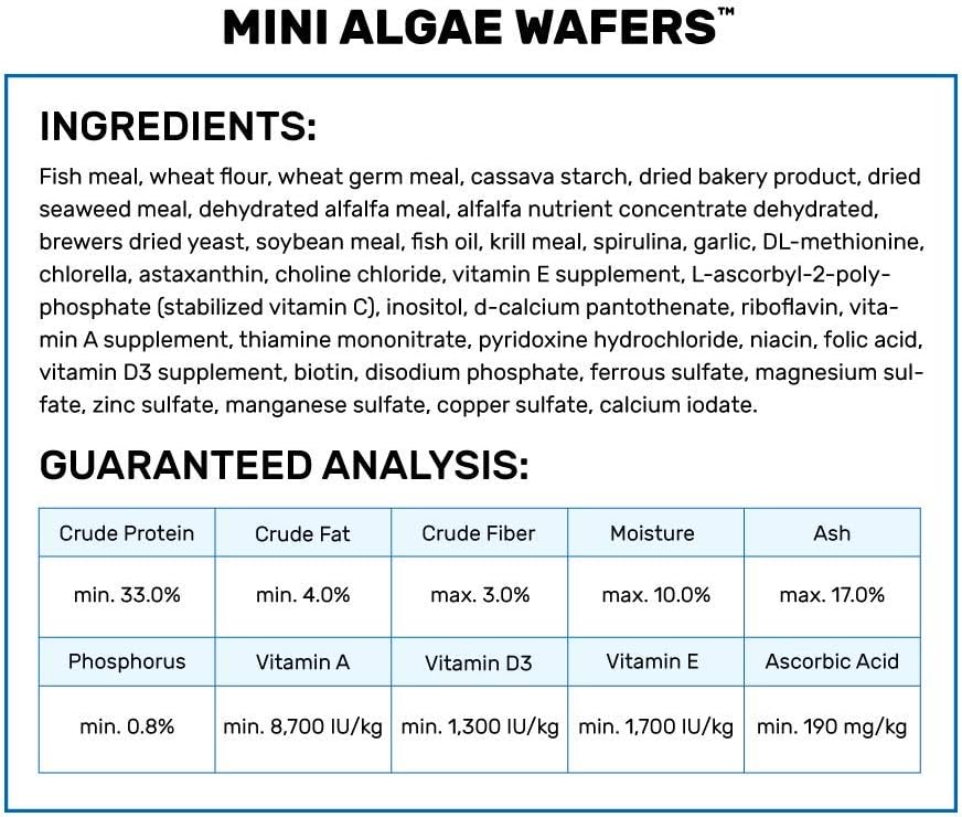 Hikari Mini Algae Wafers nutritional information label