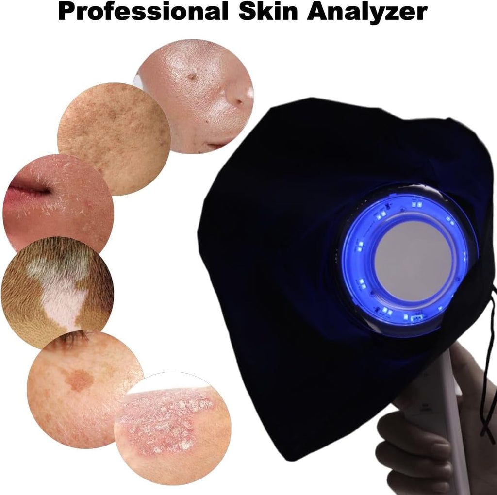 Handheld rechargeable pet urine detector tool illuminated in a dark room environment.
