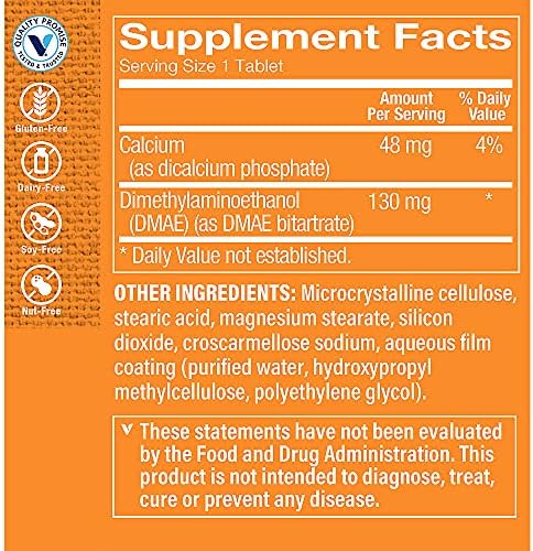 The Vitamin Shoppe Dimethylaminoethanol dietary supplement nutritional facts label close up view