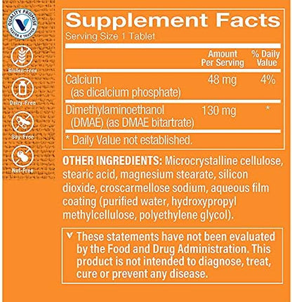 The Vitamin Shoppe Dimethylaminoethanol dietary supplement nutritional facts label close up view