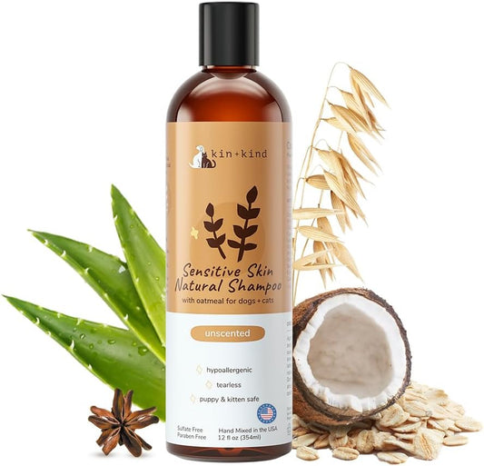 Kin+Kind Sensitive Skin Natural Dog and Cat Oatmeal Shampoo front view bottle