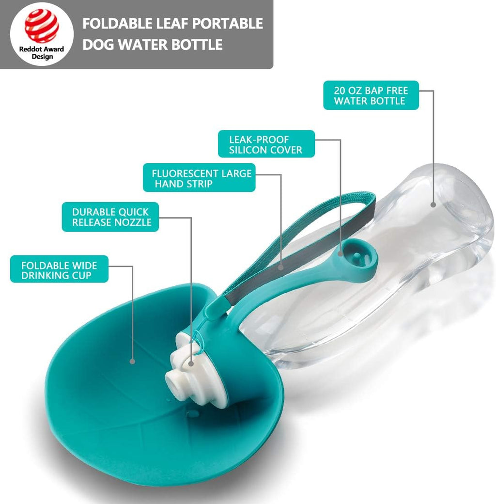 Tiovery pet water dispenser with folded silicone leaf bowl for walking dogs.