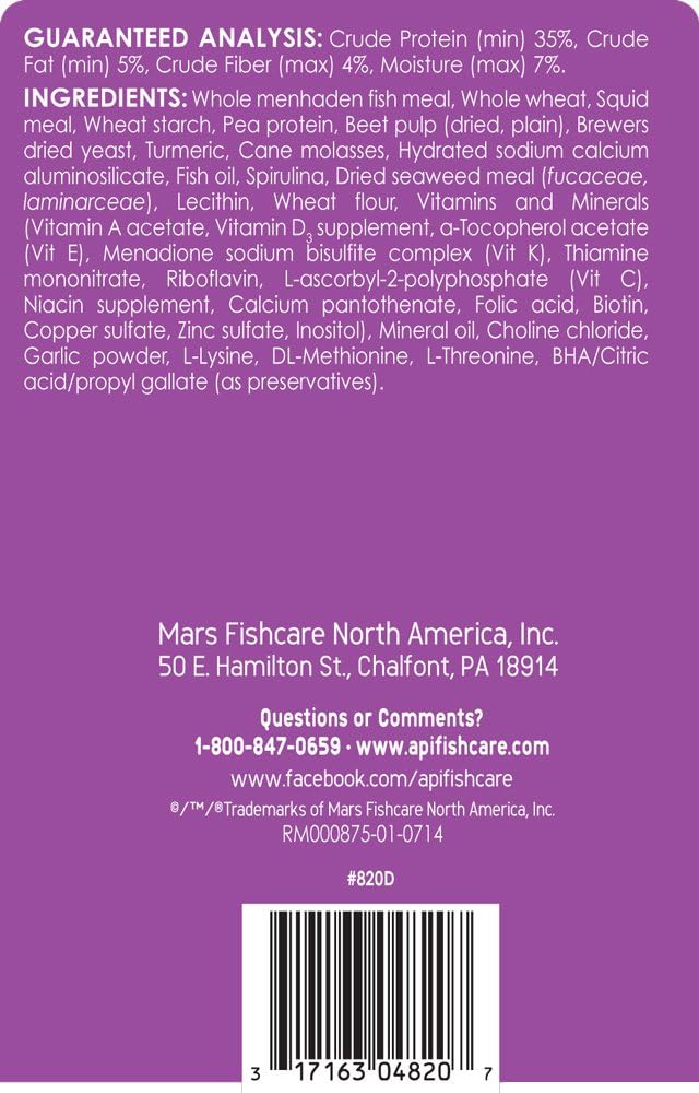 API Tropical Flakes nutritional information label