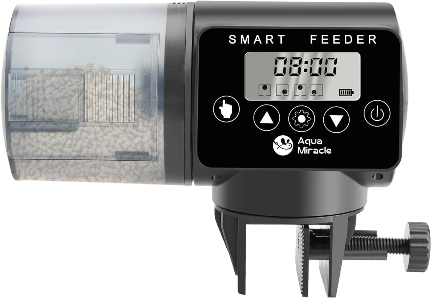 AquaMiracle automatic fish feeder front view showcasing the digital display on a modern glass aquarium