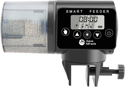 AquaMiracle automatic fish feeder front view showcasing the digital display on a modern glass aquarium
