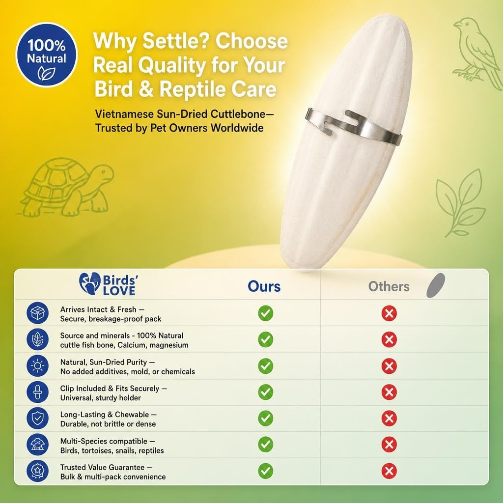 Birds LOVE 3.5-4" Cuttlebone for Birds - 100% Natural Sun-Dried Calcium & Beak Conditioning Supplement for Parakeets, Budgies, Cockatiels, Finches & Canaries - 4 Pack with Holder - Made in Vietnam - Image 8