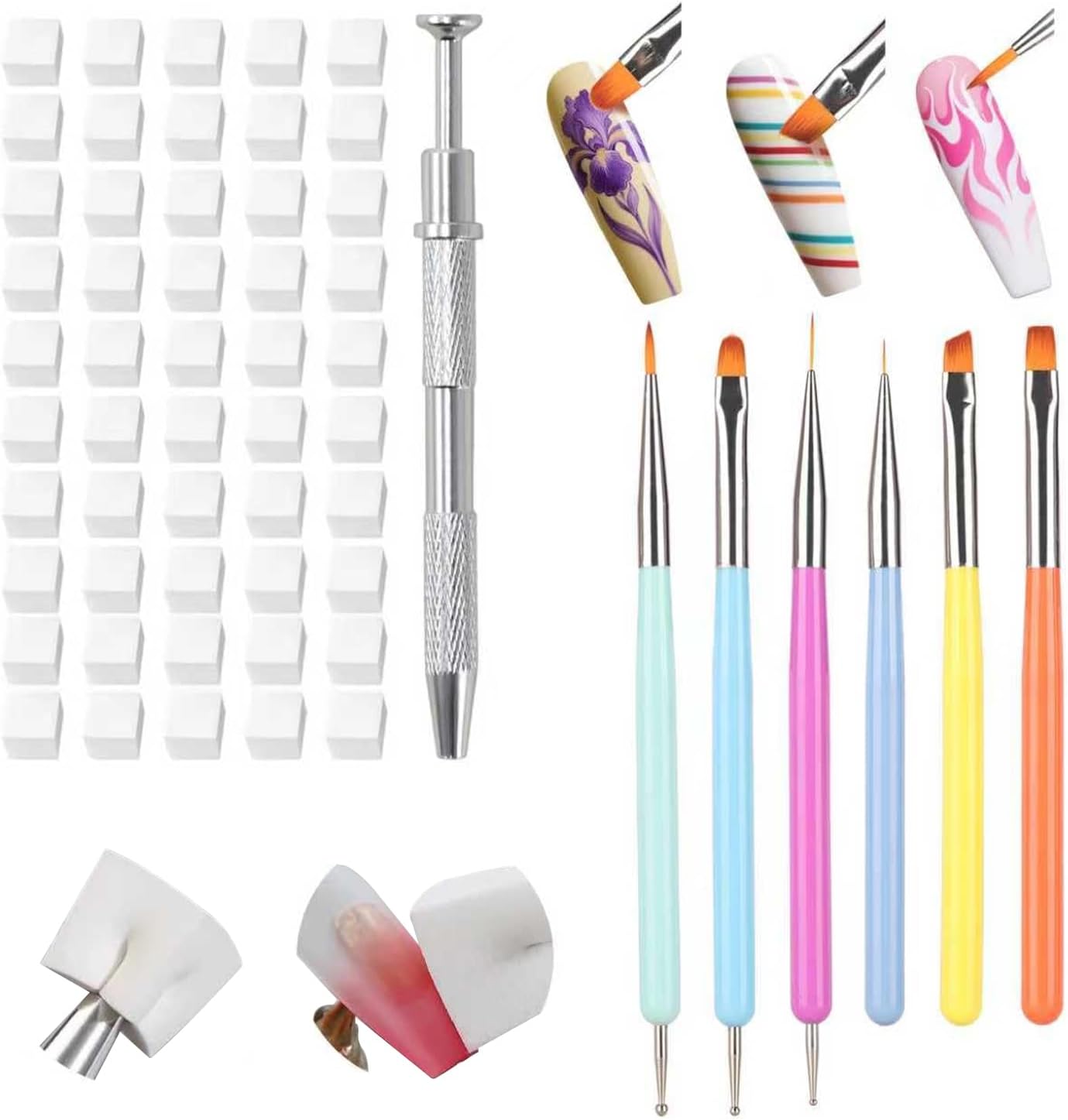 Karroy 100pcs nail art sponge set with grabber tool and brushes front view