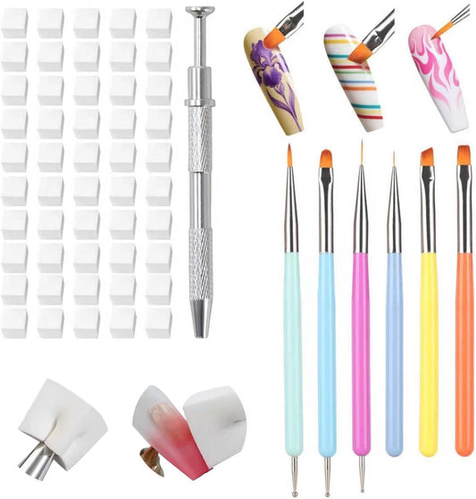 Karroy 100pcs nail art sponge set with grabber tool and brushes front view