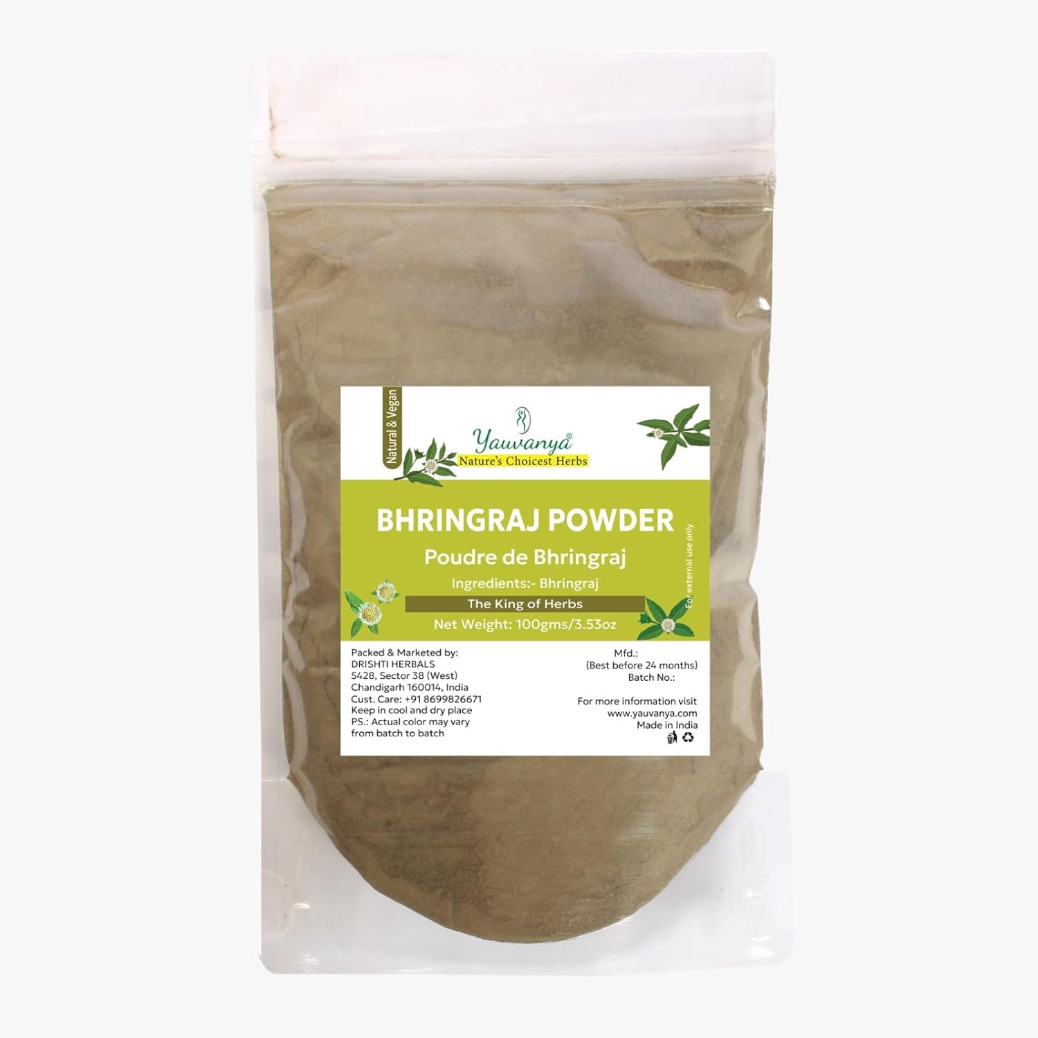 Yauvanya Pure Bhringraj Powder 100 grams front packaging showing hair growth benefits.