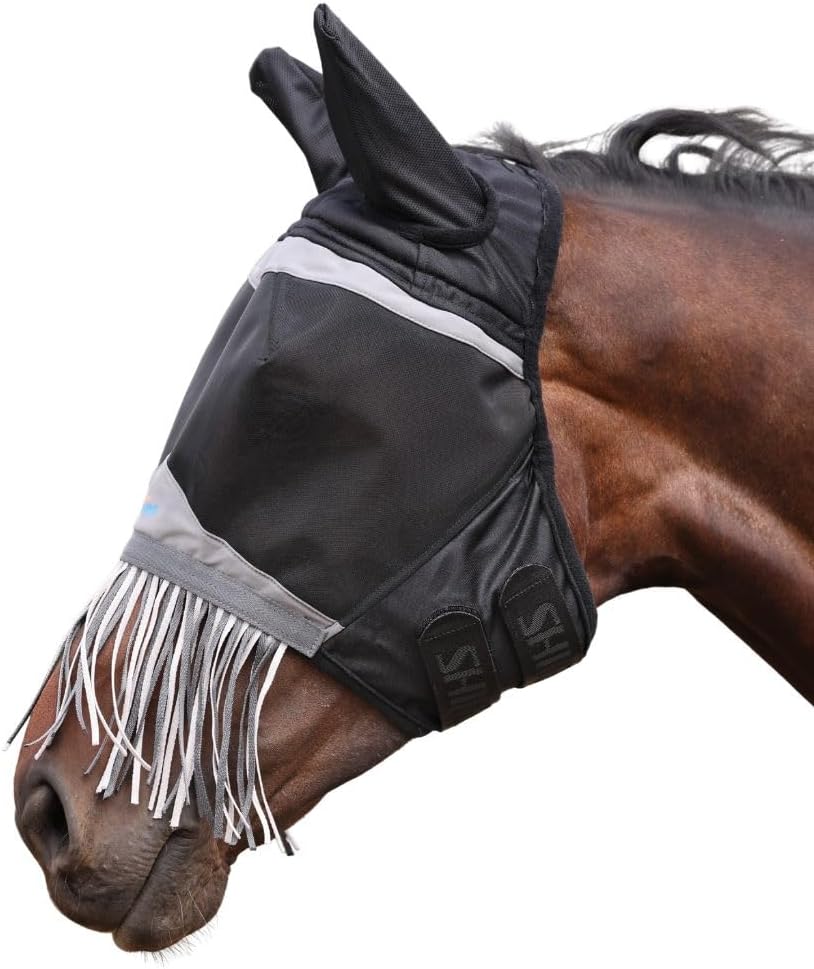 Close up of Shires FlyGuard Pro fine mesh material and structured visor