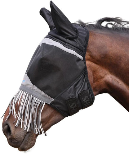 Close up of Shires FlyGuard Pro fine mesh material and structured visor