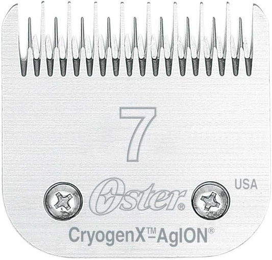 Oster CryogenX Detachable Pet Clipper Blade Size 7 Skip Tooth front view showing high carbon steel teeth.