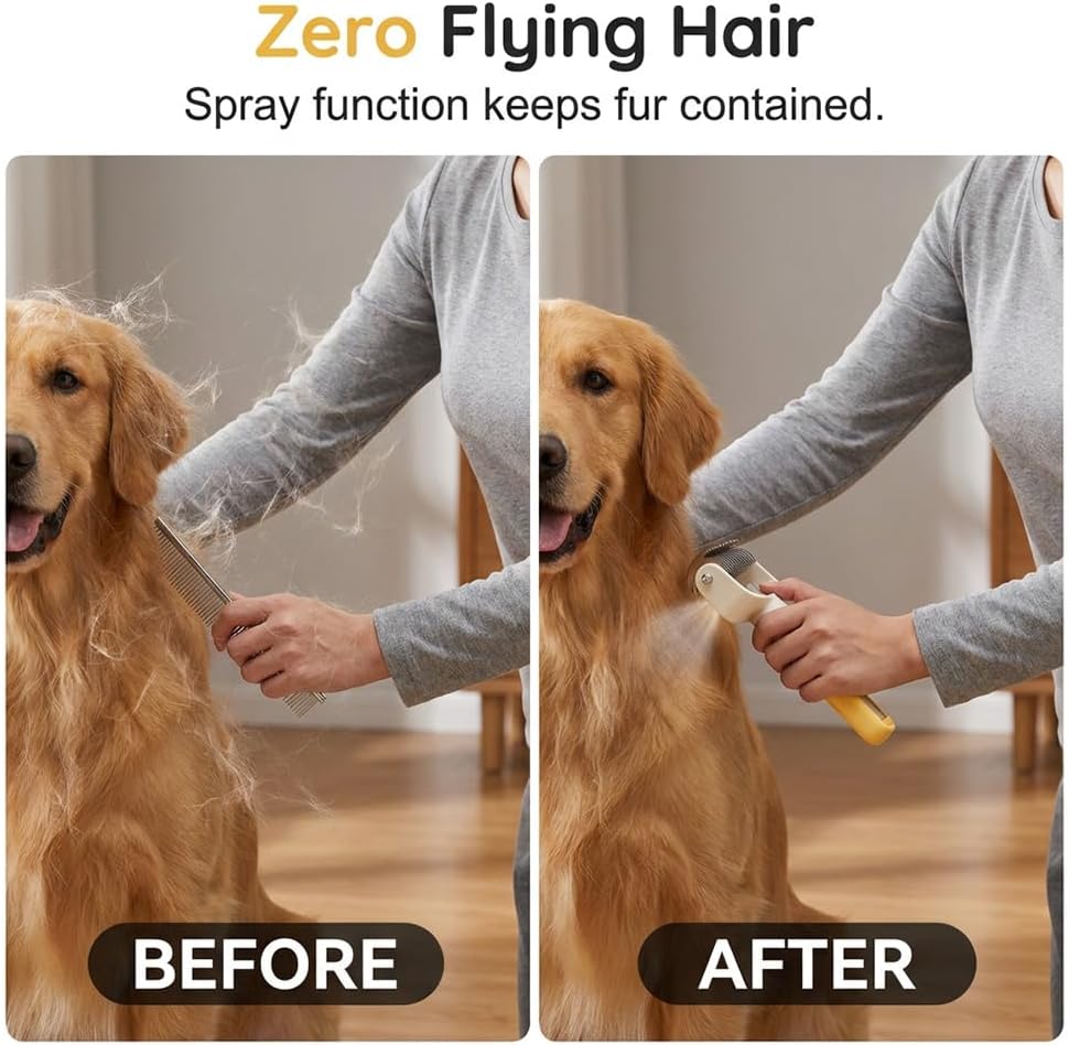 Friederich pet brush undercoat rake water misting feature being used on a long haired dog.