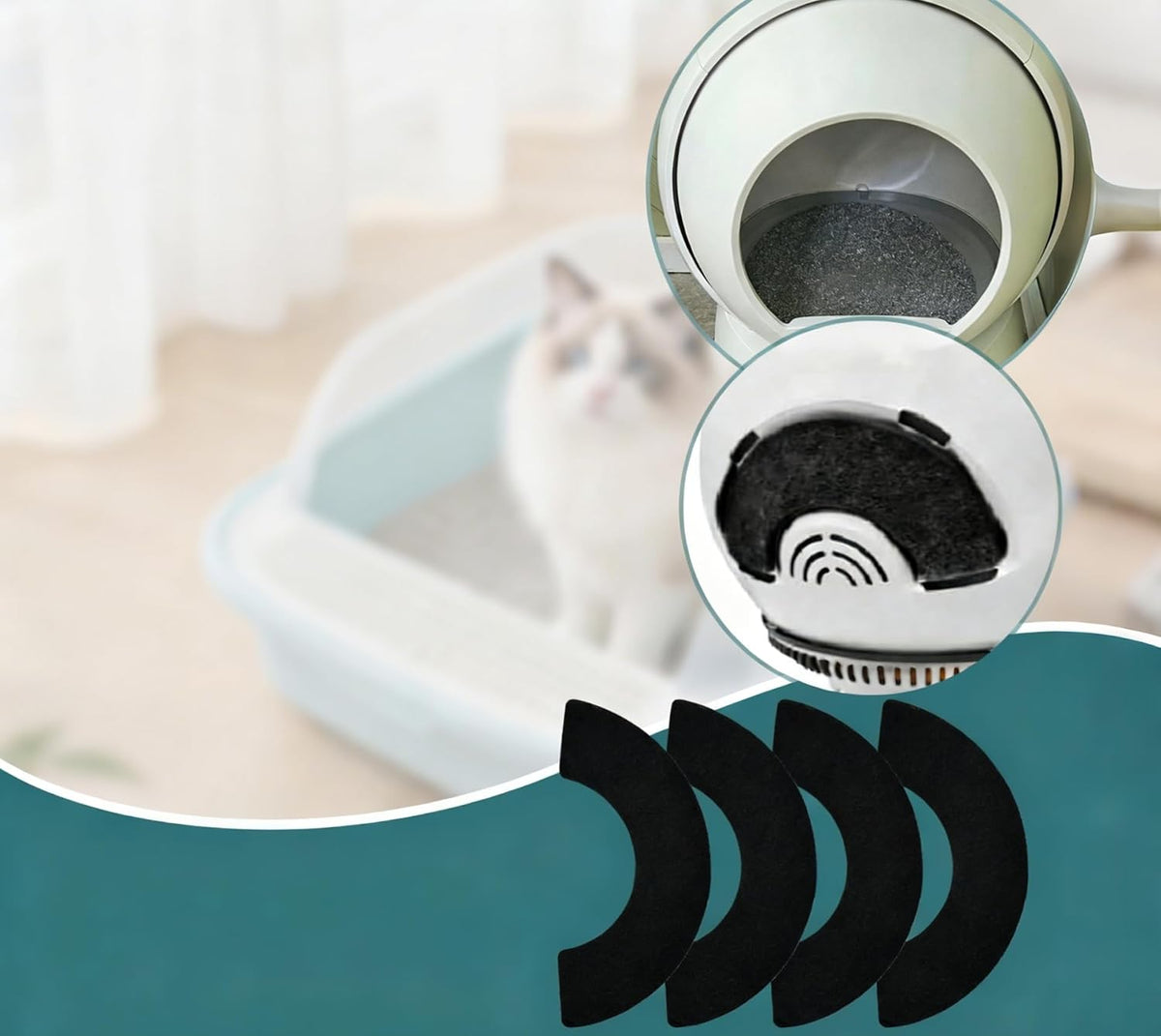 Pack of four black replacement filter pads showing custom arc design for easy installation.