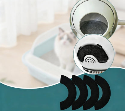 Pack of four black replacement filter pads showing custom arc design for easy installation.