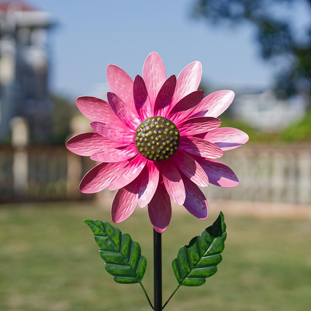 Viveta pink flower metal wind spinner front view garden decor