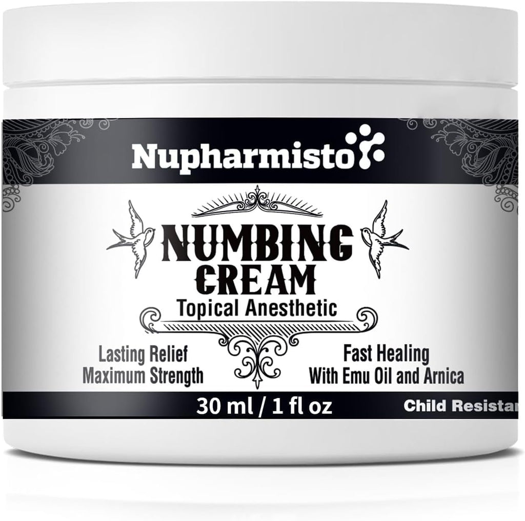 Nupharmisto Numbing Cream Maximum Strength 30 ml front view bottle for tattoo pain relief