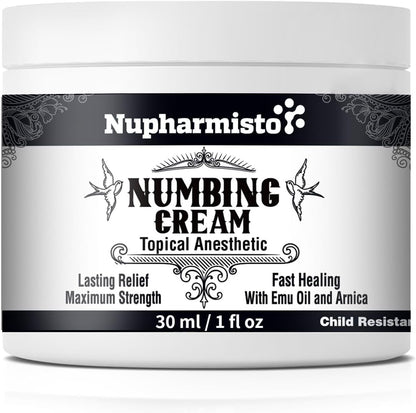 Nupharmisto Numbing Cream Maximum Strength 30 ml front view bottle for tattoo pain relief