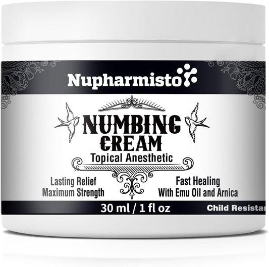 Nupharmisto Numbing Cream Maximum Strength 30 ml front view bottle for tattoo pain relief