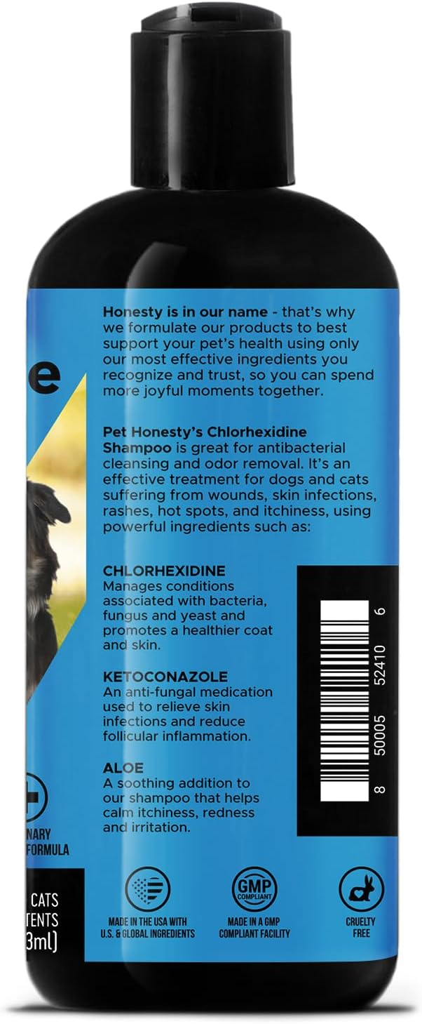 Detailed label view of Pet Honesty antibacterial and antifungal pet shampoo