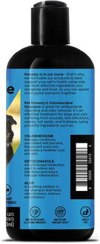 Detailed label view of Pet Honesty antibacterial and antifungal pet shampoo