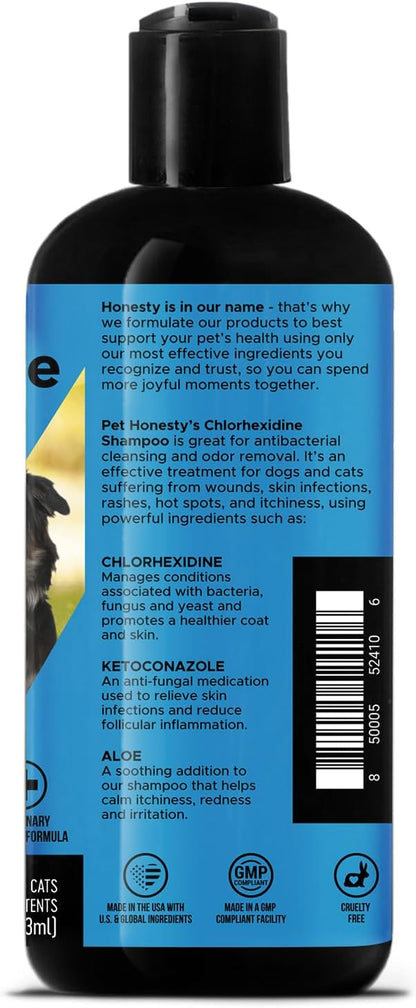 Detailed label view of Pet Honesty antibacterial and antifungal pet shampoo