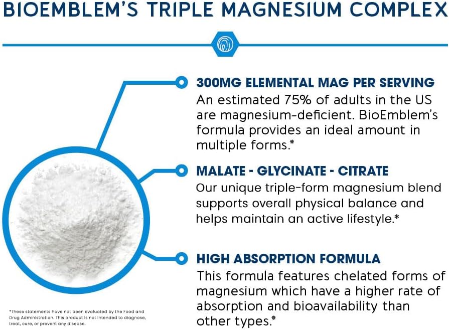 Premium USA imported BioEmblem triple magnesium 300mg dietary supplement for healthy sleep