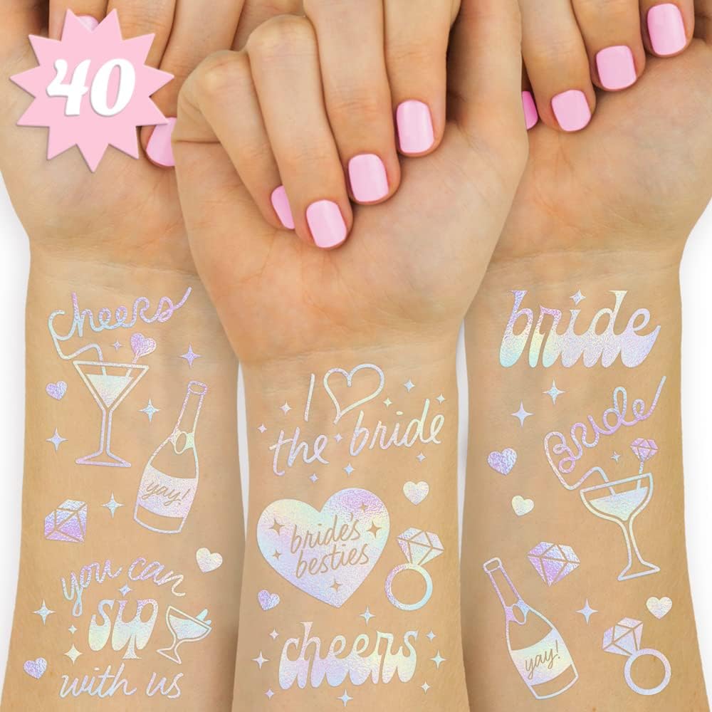 xo, Fetti Cheers Bachelorette Temporary Tattoos - 40 Iridescent Styles | Bachelorette Party Decoration, Bridesmaid Favor + Bride To Be - Image 1