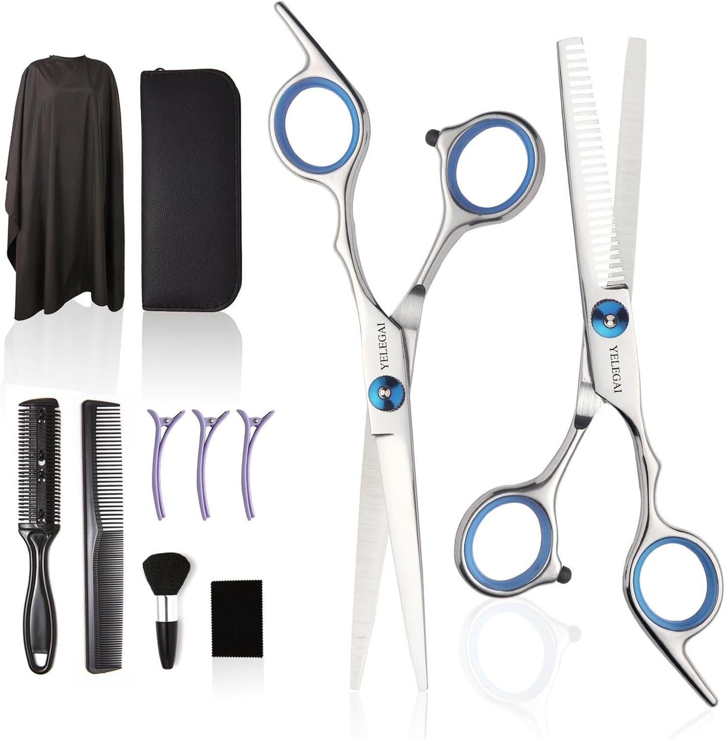 YELEGAI professional hair cutting scissors kit front view displaying eleven pieces including stainless steel shears and blue adjustment screws