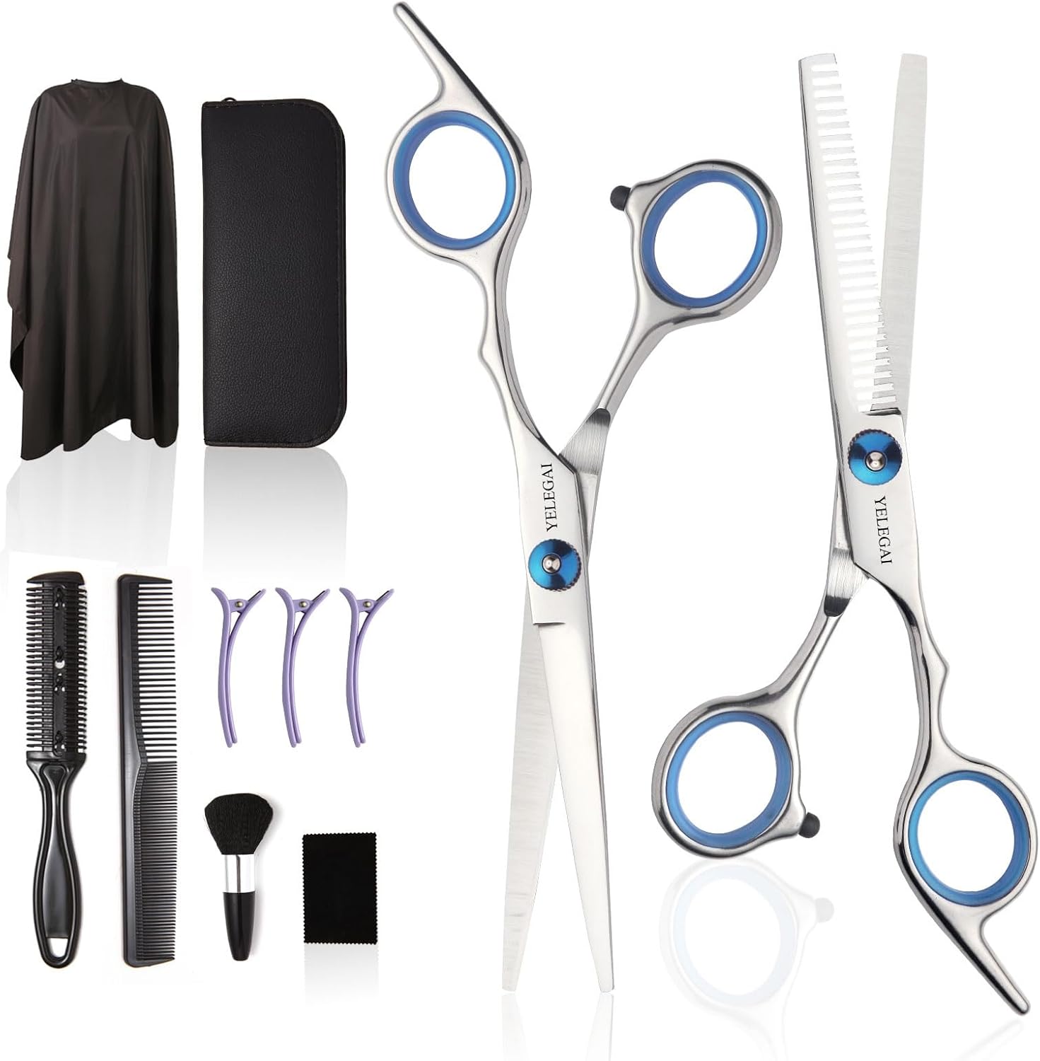 YELEGAI professional hair cutting scissors kit front view displaying eleven pieces including stainless steel shears and blue adjustment screws