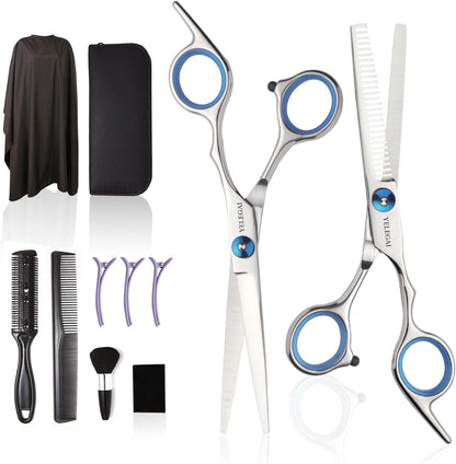 YELEGAI professional hair cutting scissors kit front view displaying eleven pieces including stainless steel shears and blue adjustment screws